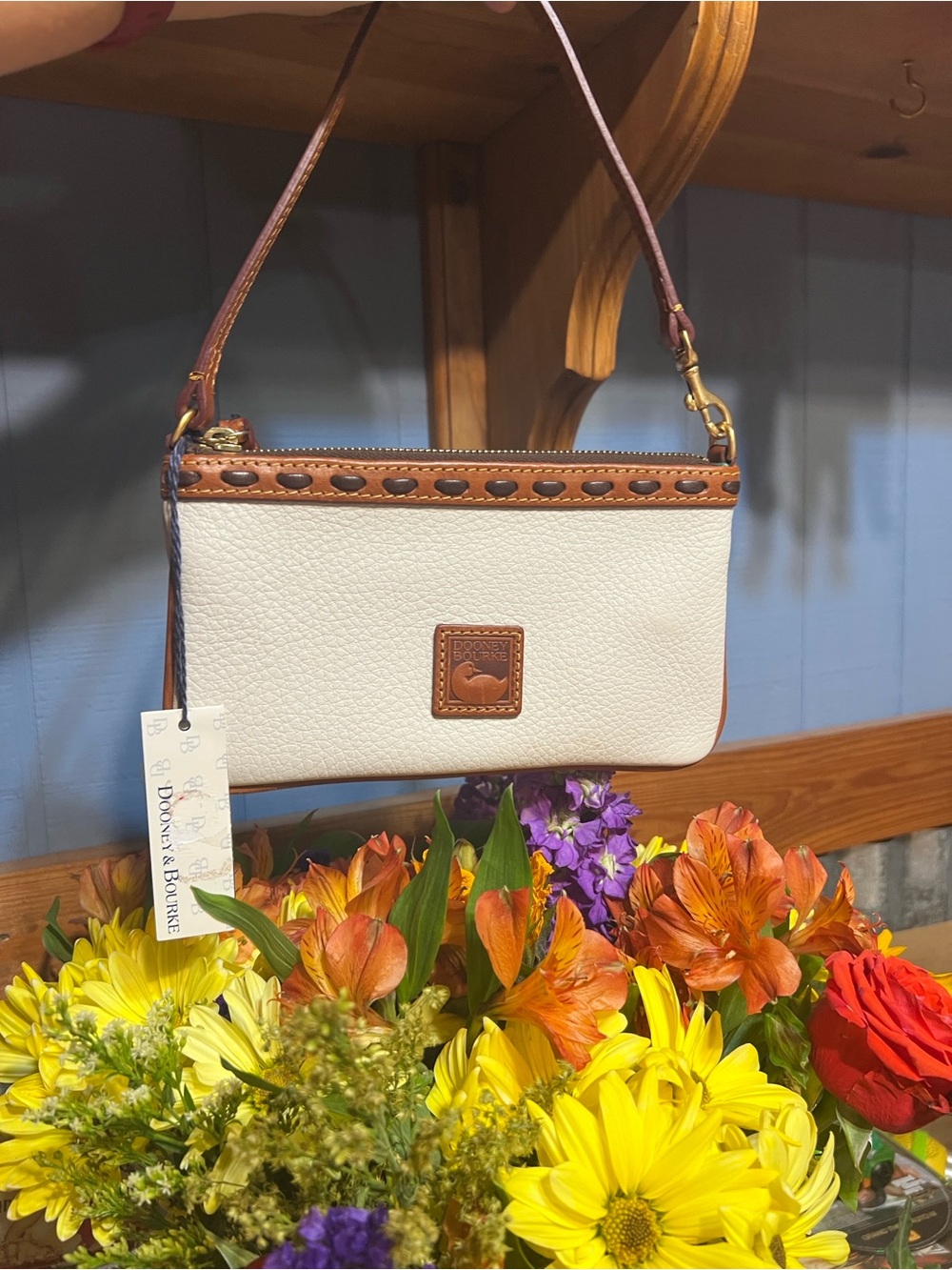 Dooney & Bourke Cream Pebble Leather Wristlet with Brown Trim